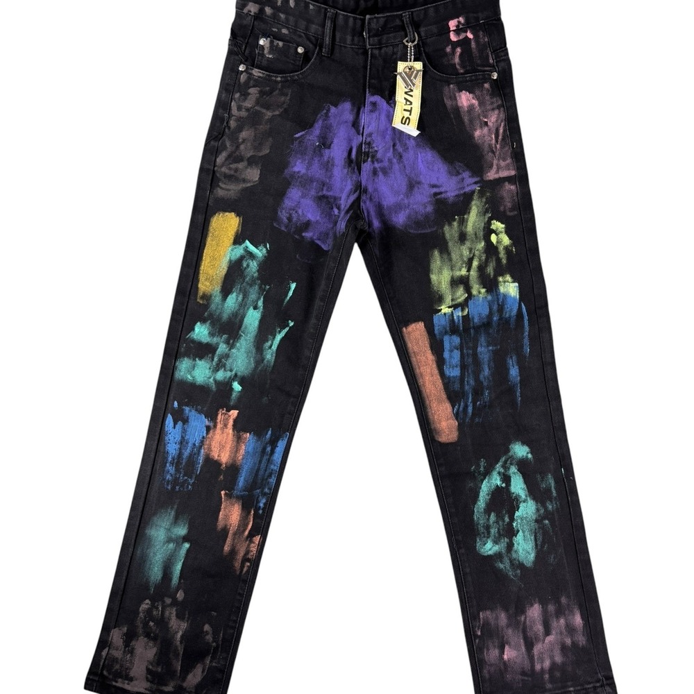 Watson Straight Leg Jeans Mens 28 Black Denim Graffiti Paint Splash Streetwear